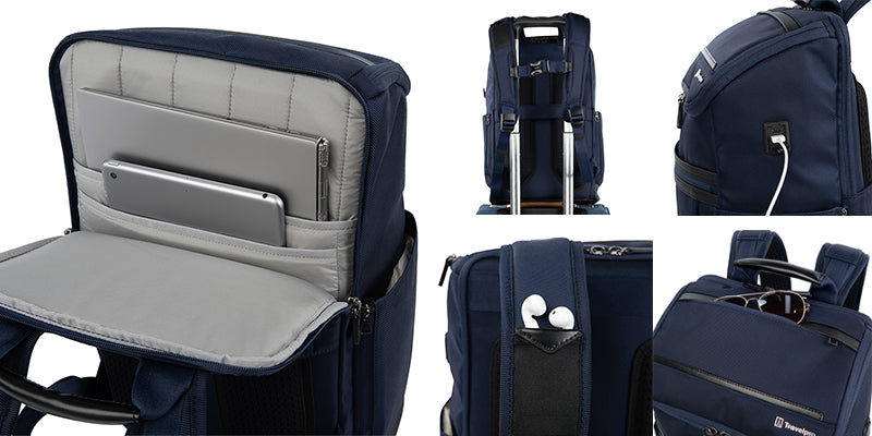 Crew executive choice 3 medium and large backpack features: built-in USB A and C ports, sunglass pocket, earbud storage, laptop/tablet pockets