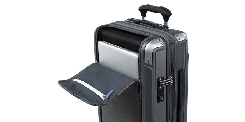 Exterior front pocket for laptop and other electronics for hardside luggage